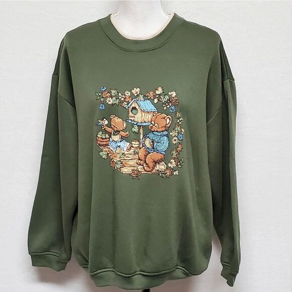 Vintage 90s Basic Editions Olive Green Teddy Bear Floral Fleece Lined Sweatshirt - Picture 2 of 11